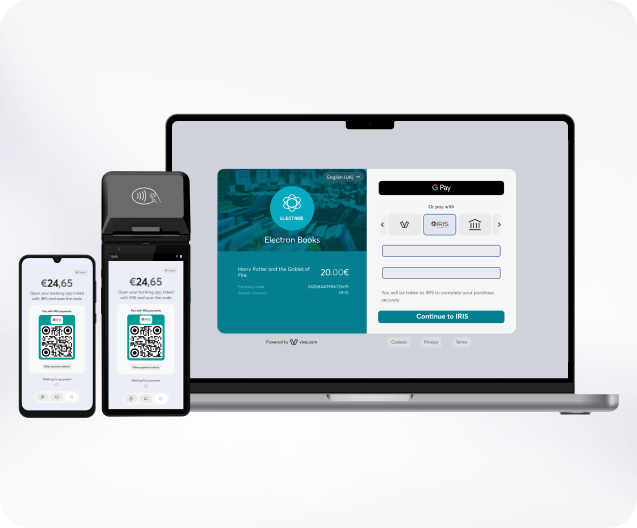 Συσκευές που εμφανίζουν τις οθόνες checkout της Viva.com με τη μέθοδο πληρωμής IRIS, παρουσιάζοντας την επερχόμενη υποχρεωτική χρήση του IRIS για Έλληνες εμπόρους.