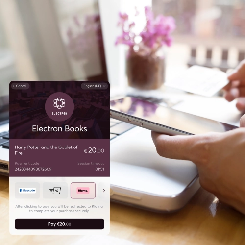 Tablet screen showing Viva Smart Checkout payment page with multiple payment options including Klarna for Electron Books purchase, demonstrating Shopware integration in workspace setting