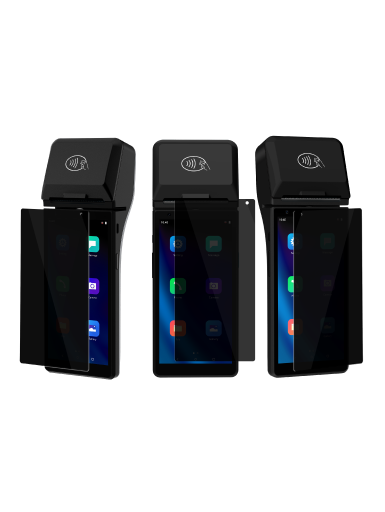 Three angled views of Viva.com screen protector installed on black Ciontek CS50C payment terminals, showing protective coverage with colorful LED indicators visible through the screen