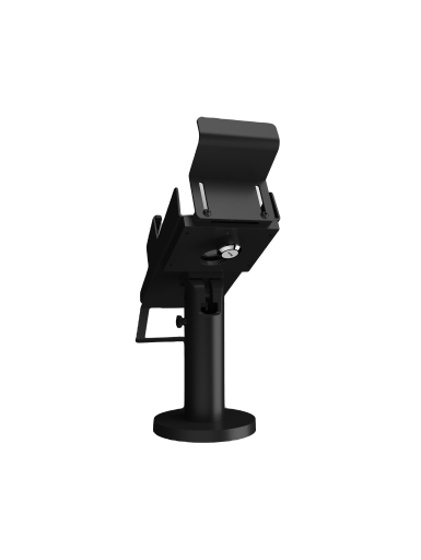 Side view of Viva.com pole stand showing the adjustable mounting design for payment terminals.