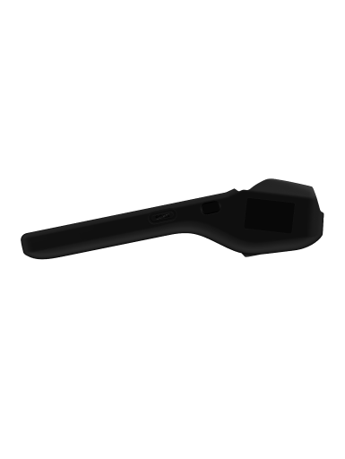 Side view of black Viva.com protective silicone case for Ciontek CS50C payment terminal, showing ergonomic handle grip design