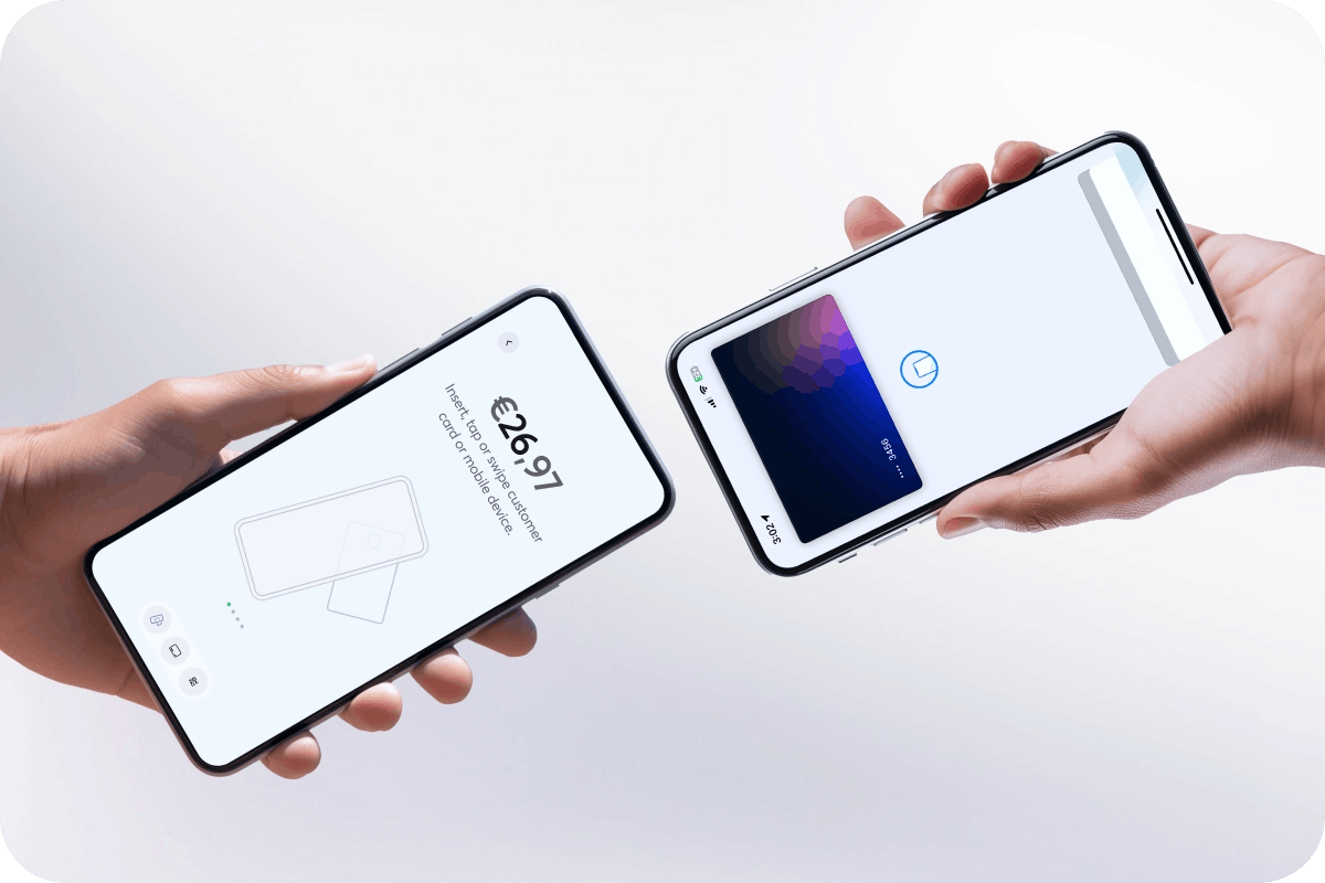 Close-up of mobile devices completing a contactless Tap to Pay transaction with Viva.com’s Tap to Pay on Phone solution, Viva.com Terminal app