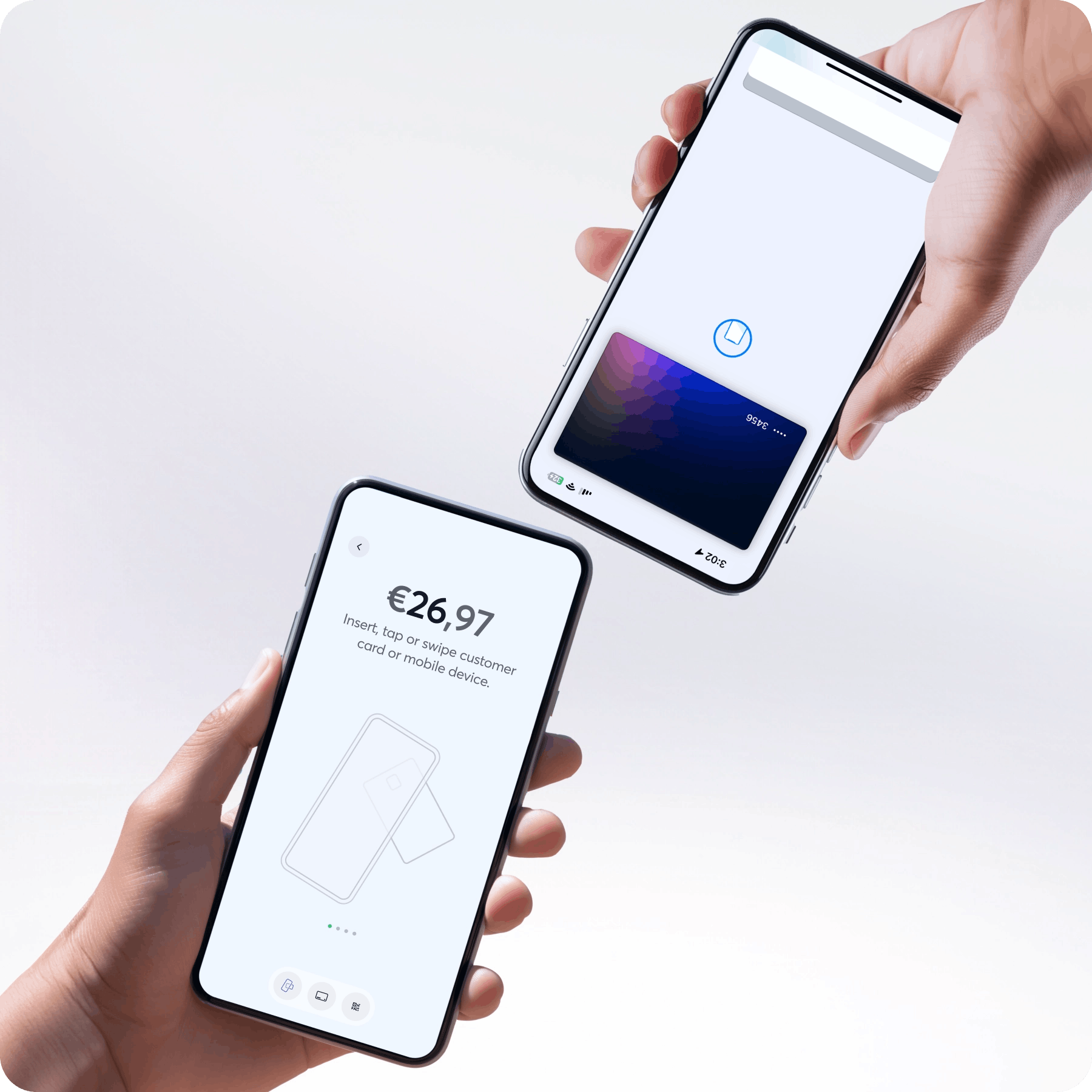 Close-up of mobile devices completing a contactless Tap to Pay transaction with Viva.com’s Tap to Pay on Phone solution, Viva.com Terminal app