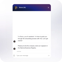 Viva.com AI onboarding chat screen guiding the merchant, illustrating easy setup for Tap to Pay on Phone as the final activation step.