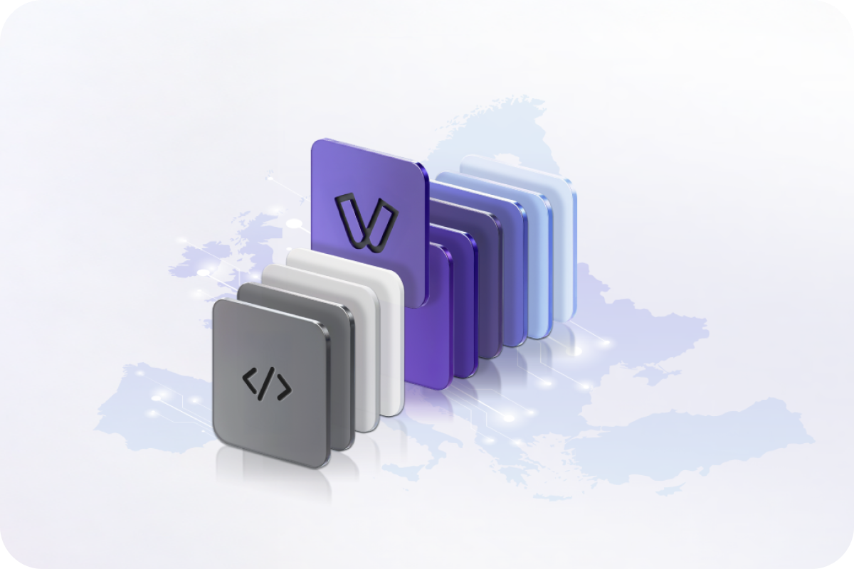Abstract illustration showing Viva.com embedded software and payment solutions seamlessly integrated across multiple European countries for ISV partners.