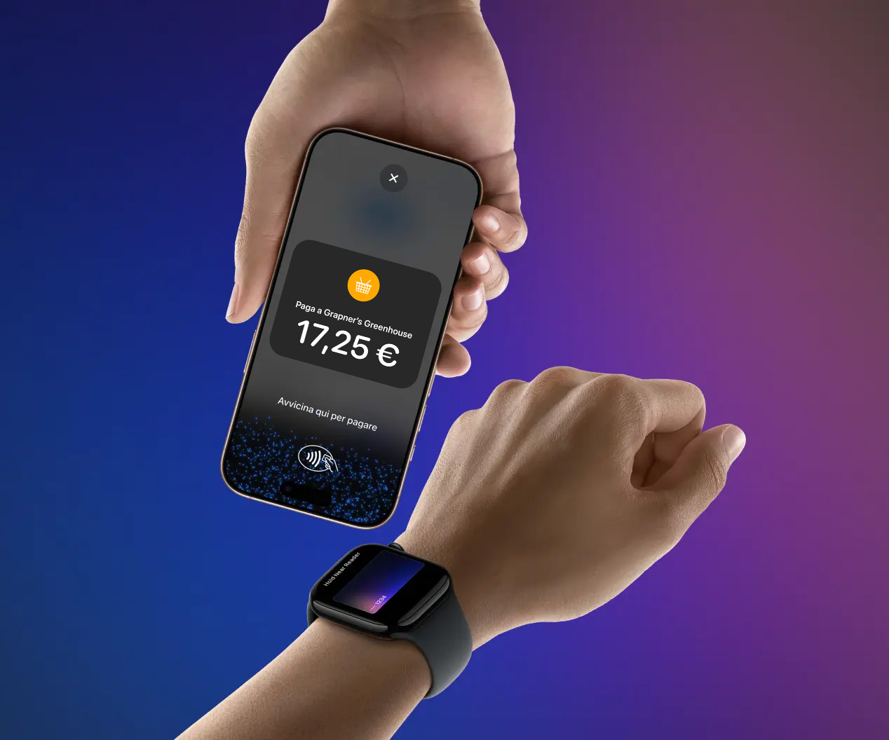 Person using Apple Watch to complete a contactless payment via Tap to Pay on iPhone