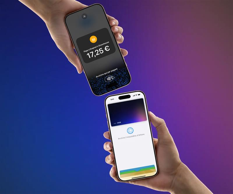 Two iPhones held by users completing a contactless payment using Tap to Pay on iPhone