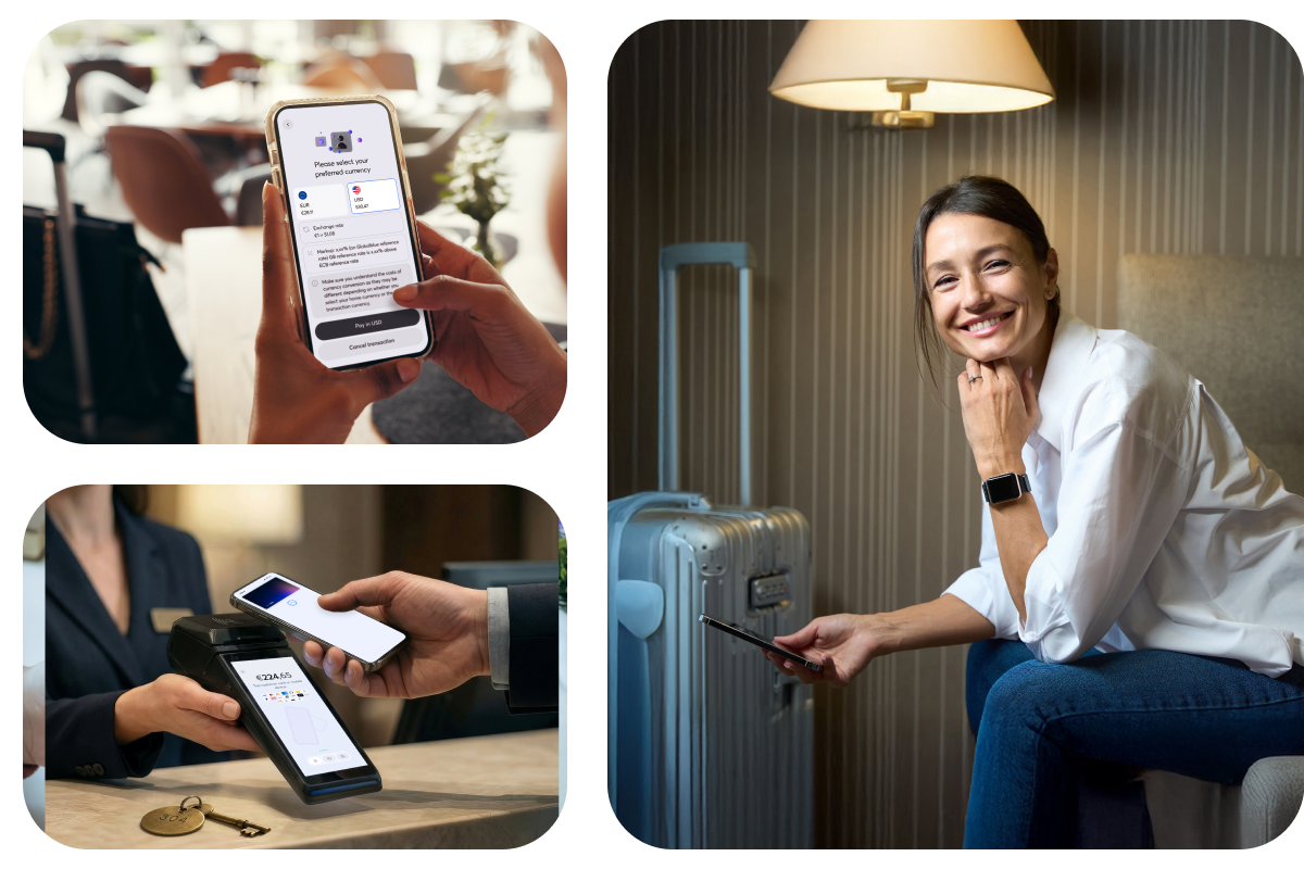 Hotel guest and staff using Viva.com omnichannel payment solutions including contactless and multi-currency payments.