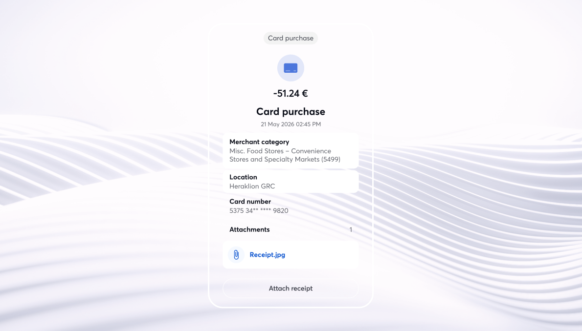 Viva.com app screen showing a corporate card purchase transaction with merchant details, location, card number and attached receipt