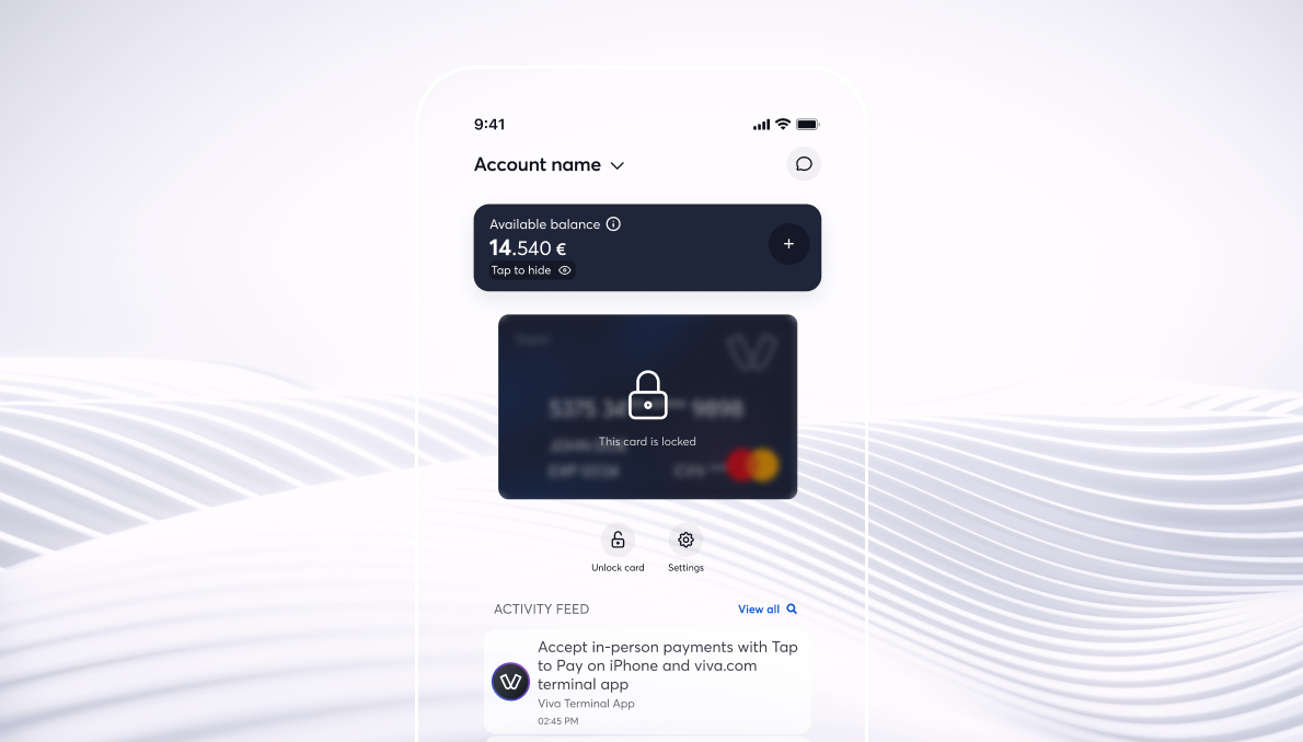 Viva.com mobile app showing a locked debit card with option to unlock, displaying available balance and account activity feed