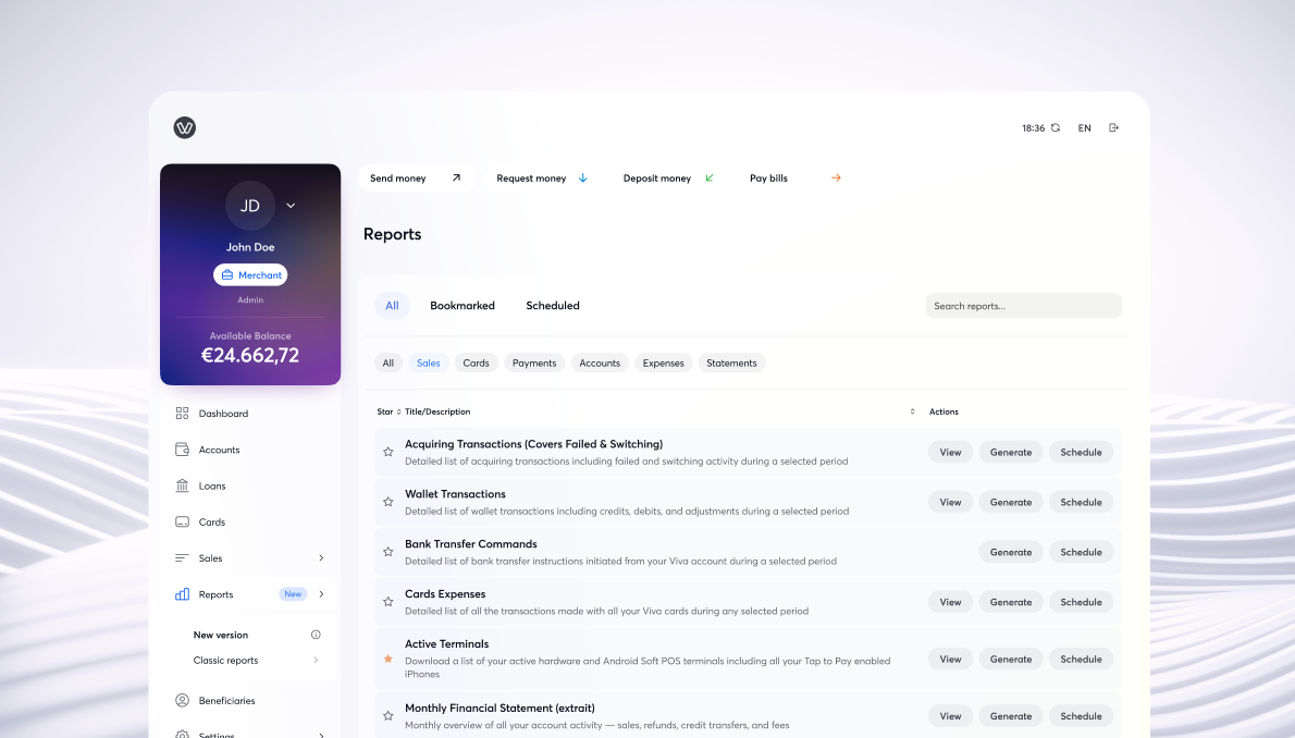 Viva.com merchant dashboard Reports section showing transaction reports, wallet activity, card expenses, bank transfers and monthly financial statements