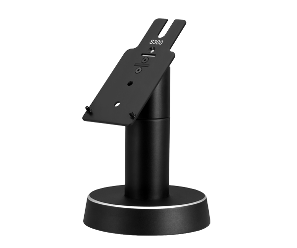 Angled front view of the pole stand for the PAX A35 payment terminal, showing the tilted mounting bracket with connector ports, cylindrical pole, and circular weighted base