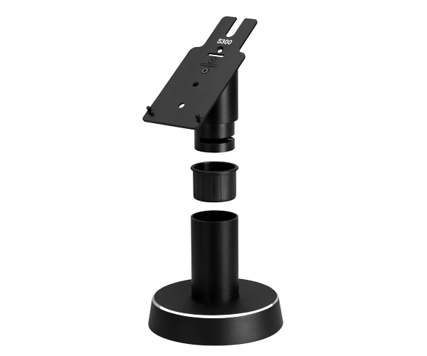 Exploded view of the pole stand for the PAX A35 payment terminal, showing all three components separated: the adjustable mounting bracket with tilt head, the extension collar, and the cylindrical pole with circular base