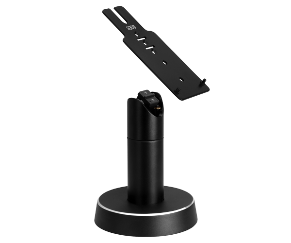 Angled rear view of the pole stand for the PAX A35 payment terminal, showing the back of the adjustable mounting bracket, tilt hinge mechanism, cylindrical pole, and round base