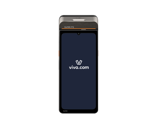 Sunmi P3 Scan Android POS terminal with Viva.com payment app on screen