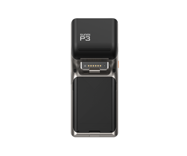 Sunmi P3 Scan Android POS terminal back view showing built-in receipt printer and magnetic connector
