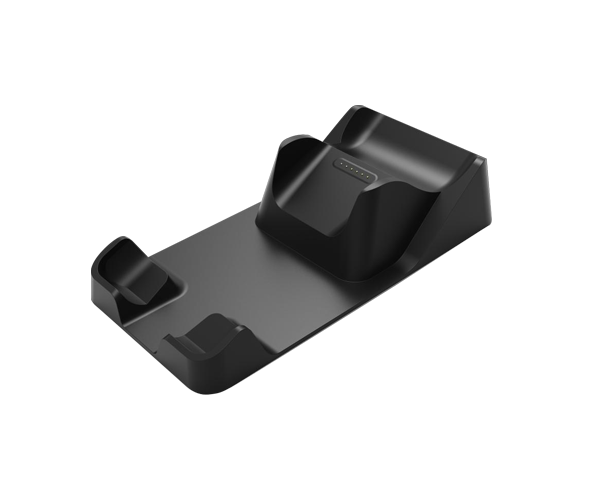 Sunmi P3 charging cradle dock angled view showing magnetic connector and cable management slots