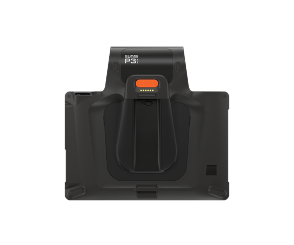 Rear view of the SUNMI P3 MIX payment terminal showing the docking connector, hand strap mount, and ventilation grille on a black background