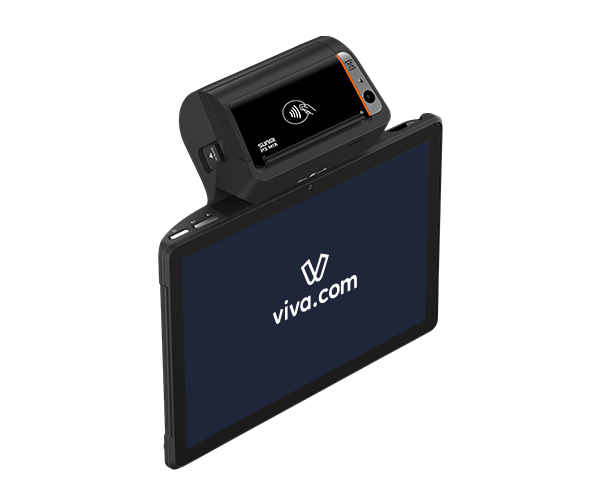 Angled view of the SUNMI P3 MIX point-of-sale terminal docked on a tablet stand displaying the viva.com logo, with the contactless payment symbol visible on the handheld device