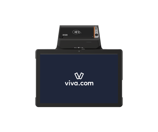 Front view of the SUNMI P3 MIX payment terminal mounted on a tablet stand displaying the viva.com logo, with the contactless NFC reader and Android handheld unit docked on top