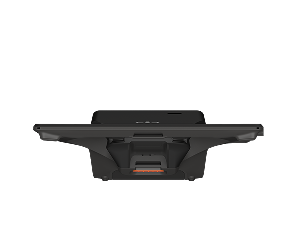 Bottom view of the SUNMI P3 MIX payment terminal stand showing the rubber feet, charging port, and cable management channel.