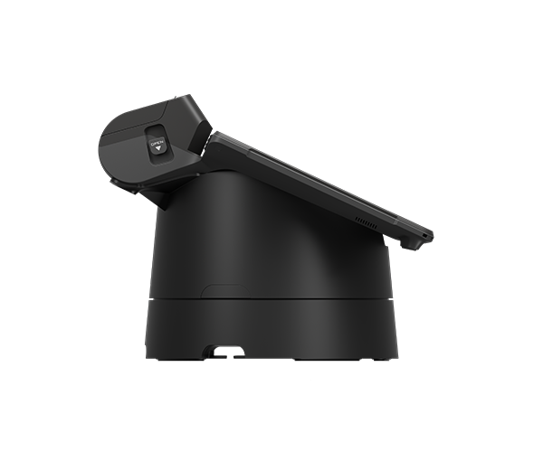 Side profile view of the SUNMI P3 MIX payment terminal tilted on its rotating cradle base, highlighting the slim form factor, adjustable tilt mechanism, and cable management slot on a black background