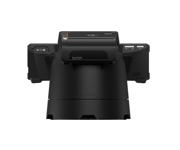 Back view of the SUNMI P3 MIX payment terminal docked on its cradle base, showing the contactless NFC reader, SUNMI branding, side expansion modules, and control buttons on a black background