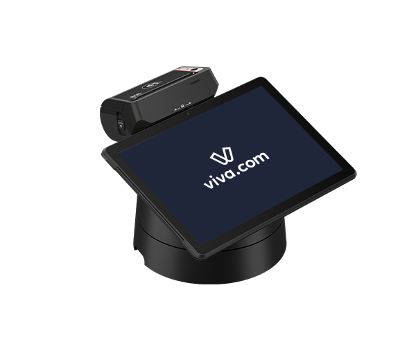 Angled view of the SUNMI P3 MIX payment terminal on a rotating cradle base displaying the viva.com logo on the tablet screen, with the handheld card reader unit docked on top