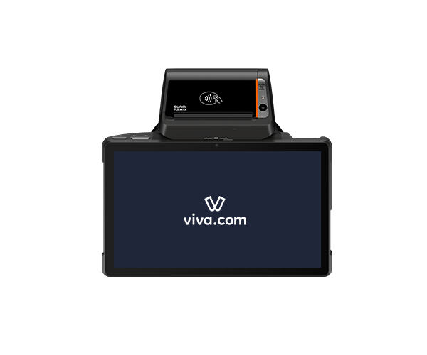 Front view of the SUNMI P3 MIX payment terminal on its cradle displaying the viva.com logo, with the SUNMI P3 MIX handheld unit docked on top showing the contactless NFC payment symbol