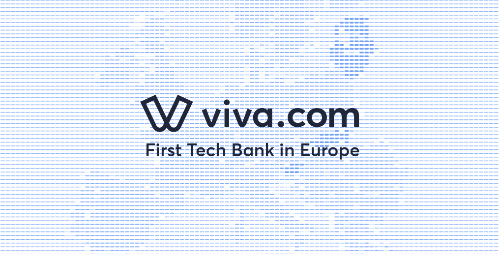 Viva.com logo with the tagline "First Tech Bank in Europe" on a light blue dot-grid background, used for the press release announcing expansion to 29 European countries including Estonia, Latvia, Lithuania, Slovakia and Slovenia
