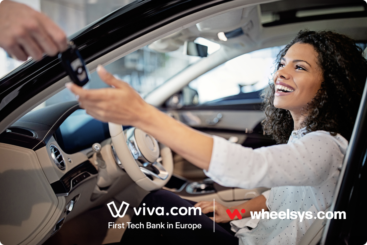 Car rental payment solution — happy customer receiving car keys at a dealership, viva.com and Wheelsys all-in-one platform for deposits, charges and refunds