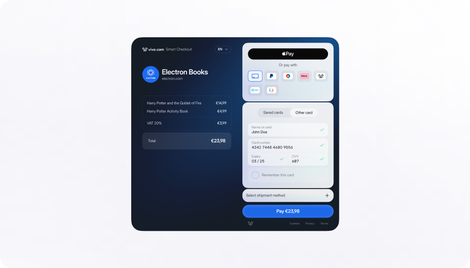 Screenshot of the viva.com Smart Checkout interface showing an order summary for Electron Books with Apple Pay, card payment, and multiple digital wallet options available at checkout