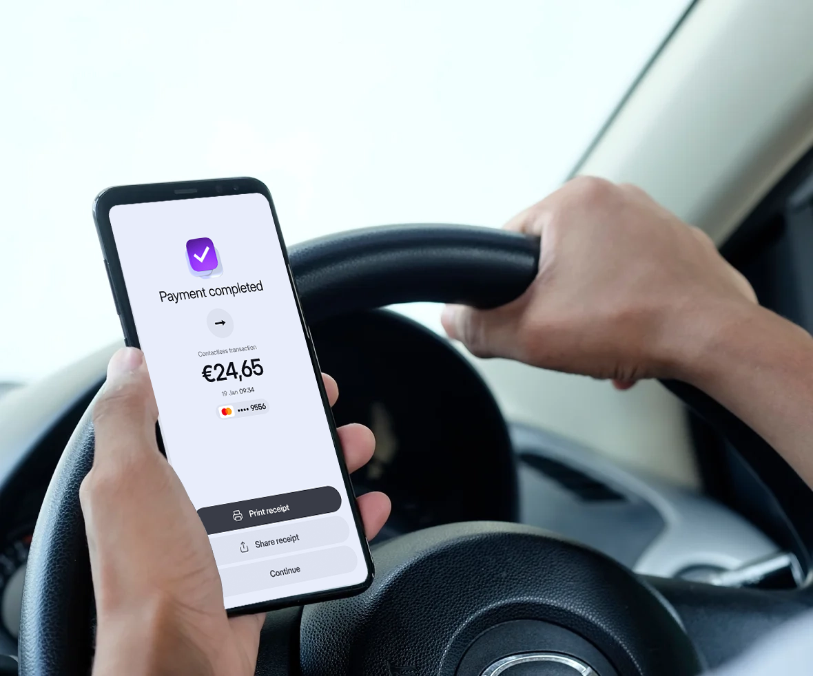 A smartphone displaying a completed payment confirmation screen, showing a successful transaction for a mobile business.