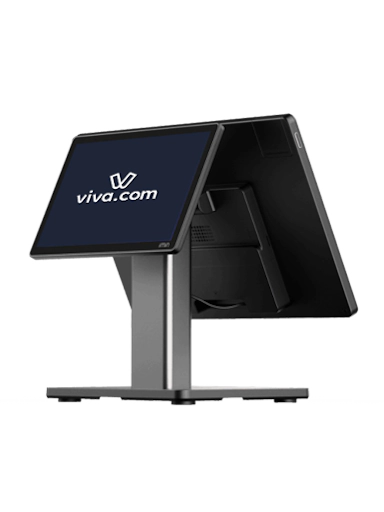 Viva.com iMin swan 2 pro terminal at an angle, showing the merchant and customer displays