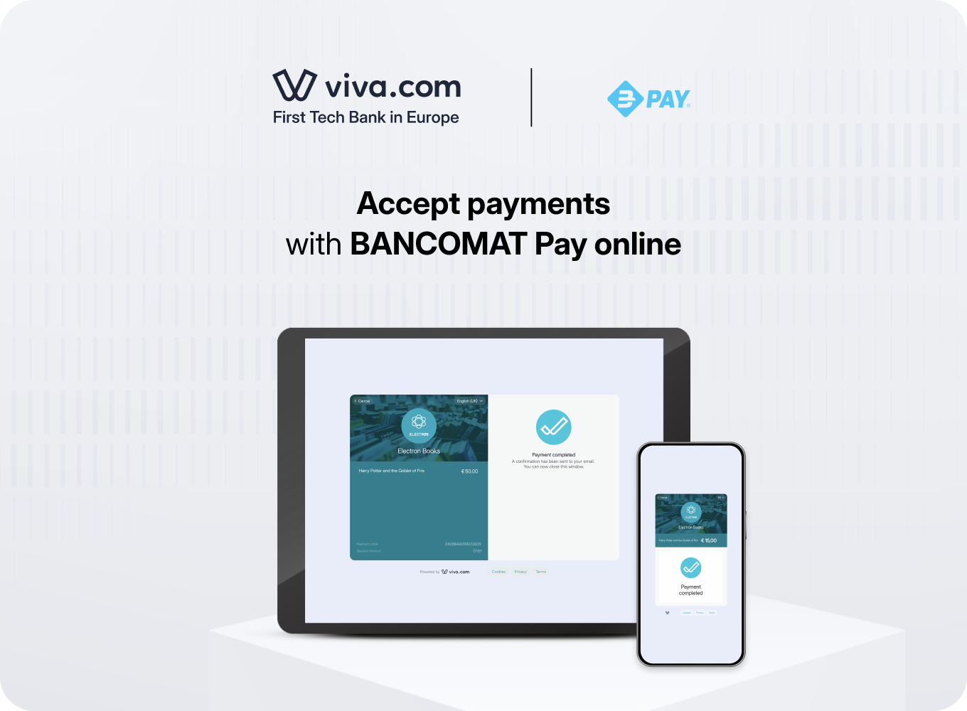 Viva.com and BANCOMAT Pay logos above a tablet and smartphone showing a completed online BANCOMAT Pay payment