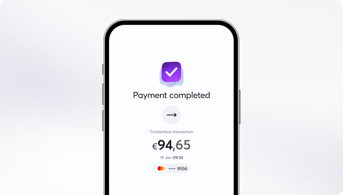 Viva.com mobile app screen showing a completed contactless payment of €94.65 via Mastercard