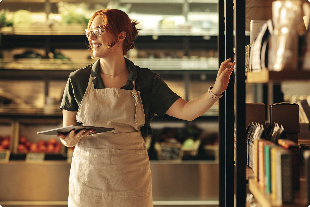 Supermarket and convenience store payment solutions — smiling store employee with a tablet managing stock on shelves, viva.com checkout payments for retail