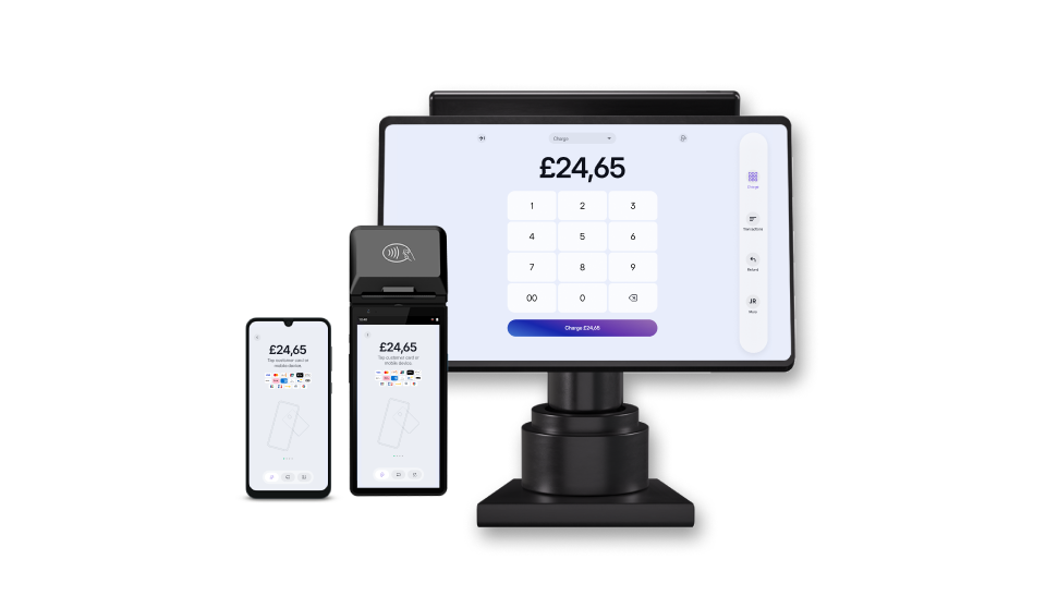 Viva.com Tap on Any Device payment solution displayed across three devices — a smartphone, a handheld POS terminal, and a tablet stand — all showing a £24,65 transaction screen