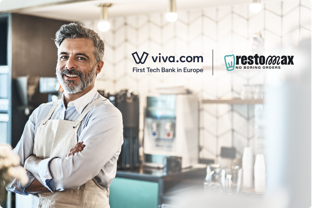 viva.com and Restomax partnership — confident restaurant owner in apron at a café, all-in-one HORECA payment solution with instant financing and Tap on Any Device