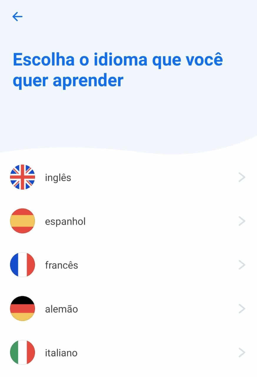 Tela do aplicativo Busuu escrito escolha o idioma que você quer aprender, exibindo as opções inglês, espanhol, francês, alemão e italiano.