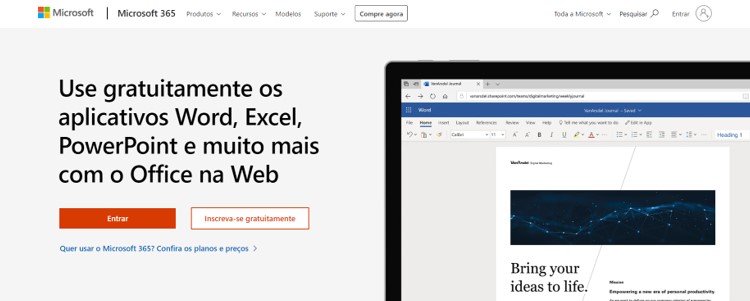 Página inicial da Microsoft para acessar o Excel Web