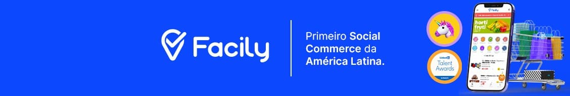 Banner azul da Facily com o slogan, primeiro social commerce da América Latina.