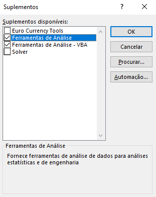 Habilitar ferramentas de análise do Excel