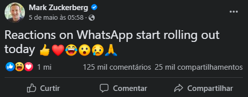 Mark Zuckerberg comemora a recente atualização do WhatsApp no Facebook