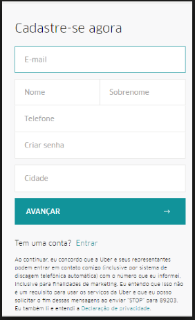 Cadastro no Uber