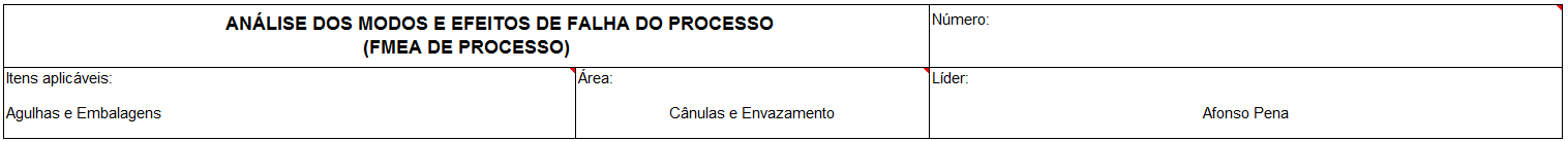 Cadastramento de dados para a análise com a planilha FMEA