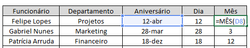 Exemplo - Extraindo dia mês de aniversário de colaboradores