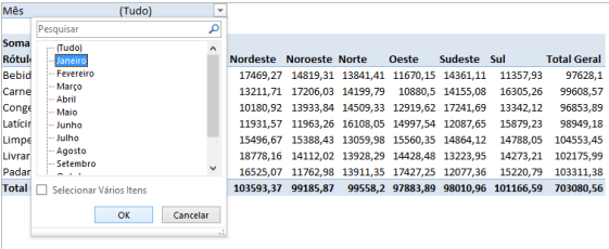 Seleção do mês de Janeiro no filtro da tabela dinâmica