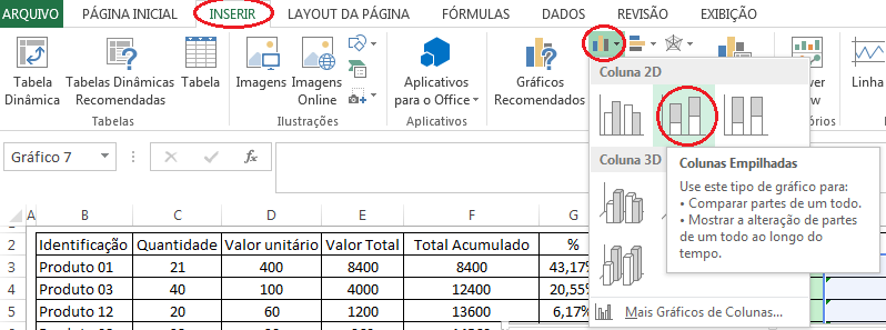 Janela do Excel ensinando a inserir um Gráfico de Barras