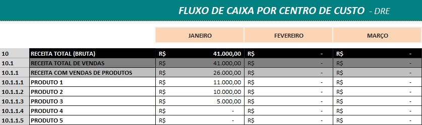 Planilha Fluxo de caixa por centro de custo